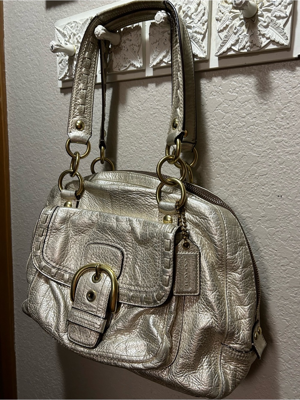 Authentic Coach Metallic Silver Leather Shoulder Bag with Brass Buckle Accents - Picture 16 of 16